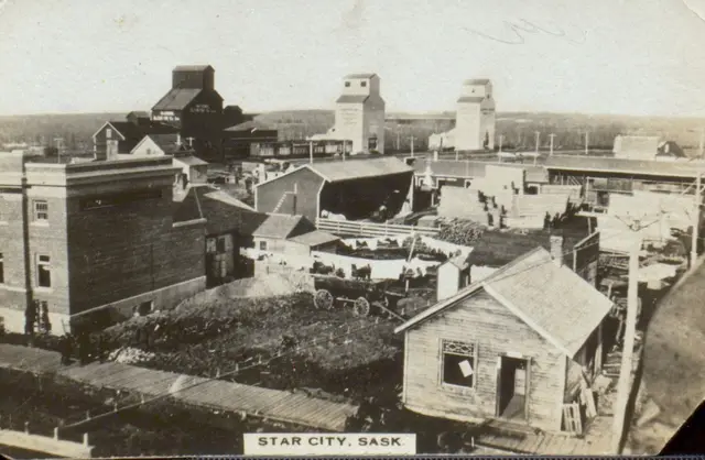 View of Star City with grain elevators and buildings